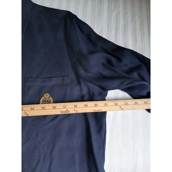 Lauren Ralph Lauren Top 14 / XL Womens Navy Silk Gold Button Crest Old Money New - Picture 8 of 13